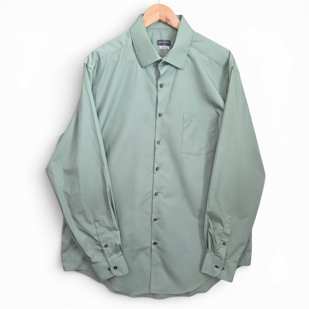 Van Heusen Dress Shirt Mens 17.5 36/37 Green Button Slim Fit Tall Pocket Career